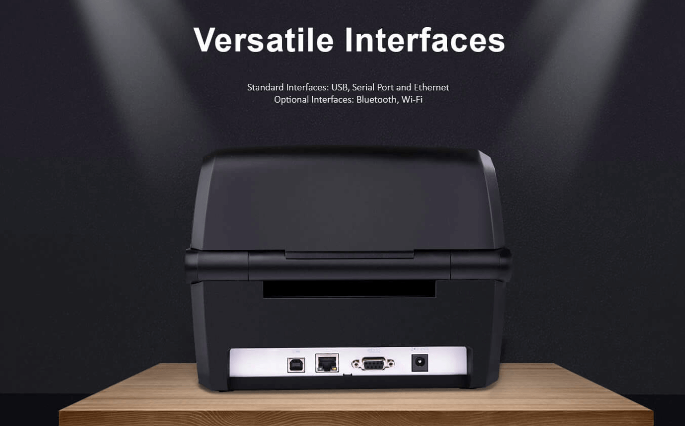 Back view of a viibakoodi printer showing multiple interface ports like USB, Serial, and Ethernet.