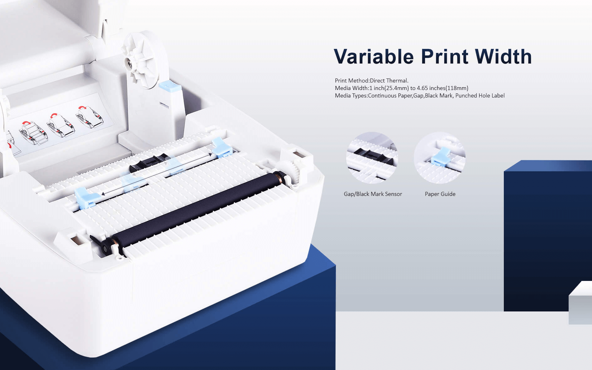 An open viibakoodi printer showing its internal components like the paper guide and sensor.